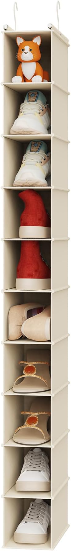 MAX Houser 10-Shelf Hanging Shoe Shelf Organizer for Closet Beige | Foldable Hanging Shoe Storage Shelf with 2 Metal Hooks, Space Saving Storage for Narrow Space