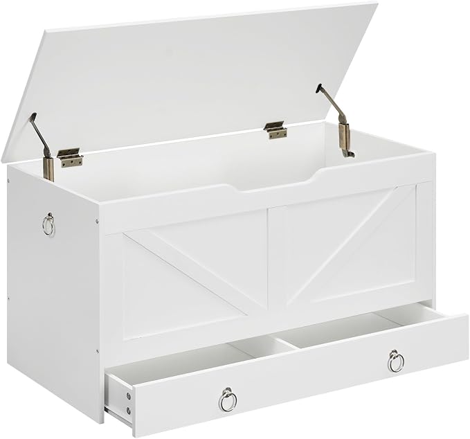 HOOBRO Storage Chest, 39.3" Toy Chest with Drawer, Wooden Storage Bench, Sturdy Entryway Bench Supports 220 lb, Shoe Bench, Safety Hinge, U-Shaped Opening, Easy Assembly, White WT710CW01G2