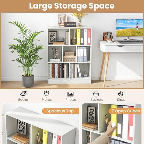 Giantex 7 Cube Bookcase, 4-Tier Freestanding Bookshelf w/ 7 Open Compartments, 2 Anti-Tipping Kits, Modern Display Cabinet, 41" Wood Cubby Storage Organizer for Living Room, Bedroom, White