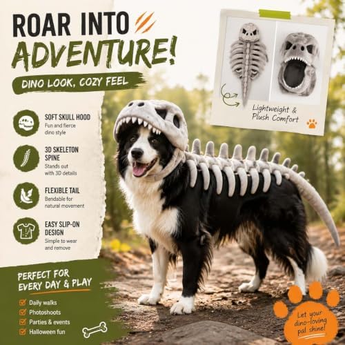 Pet Dinosaur Costume, 31.4inch Halloween 3D Skeleton Design Costume for Medium to Large Dogs, Realistic Dino Outfit for Pet Cosplay Party Family, Round and Chubby Body,Adorably Silly Gray