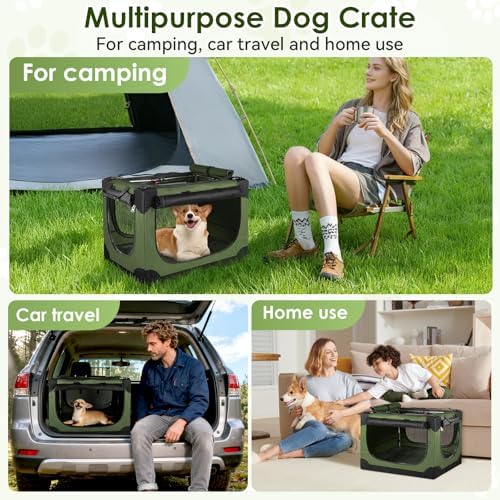 24 Inch Collapsible Soft Dog Crate for Small Dogs, Travel Dog Crate Green | Portable Dog Crate Soft Sided, 4-sided Mesh Vents, Foldable with Storage Bag, Fit Small Dogs & Large Cats, Indoor/Outdoor
