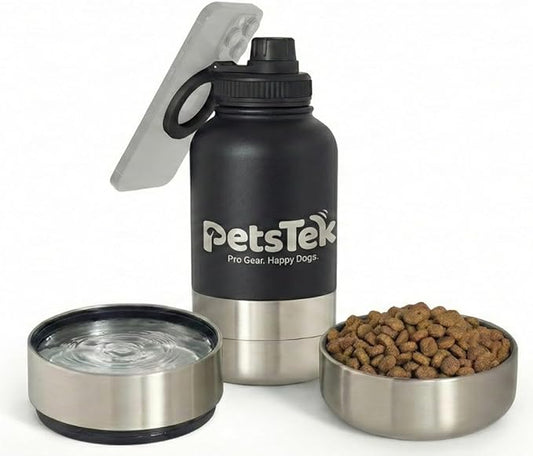 Portable Dog Water Bottle - 3 in 1 Insulated Stainless Steel Travel Bowl & Food Dispenser with Leak Proof Magnetic Lid - Dog Accessories for Walking, Hiking, Outdoor, Camping (32oz Black)