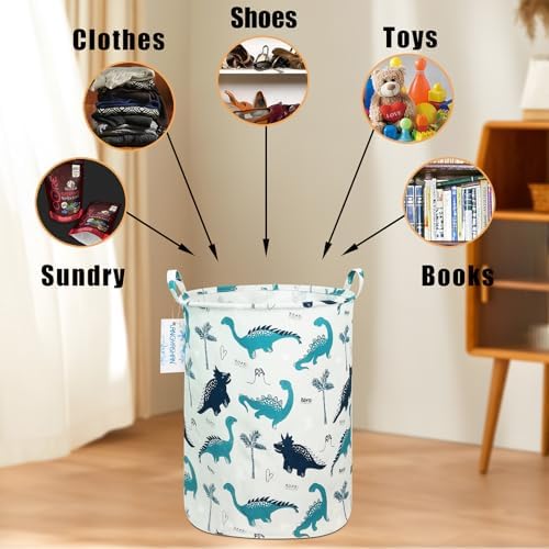 Round Laundry Basket Collapsible Storage Hamper Organizer Full Dinosaur | Waterproof Canvas Foldable Baskets with sturdy Handles Multi-scene Organizer for Home Play Bedroom Gift Bin