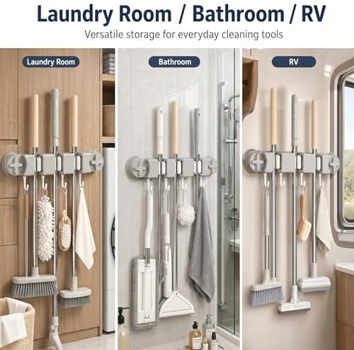 Mop and Broom Holder Wall Mount | No Drill Suction Cup, 4 Slots & 5 Hooks, Removable, For Bathroom, Laundry Room, RV Camper