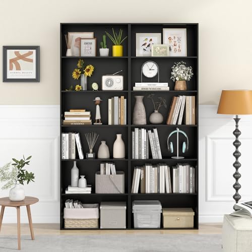 Giantex 6-Tier Bookcases Set of 2, 70" Tall Wooden Bookshelf, Freestanding Storage Organizer w/Open Shelves, Anti-Tipping Kits, Modern Floor Standing Display Shelves for Living Room, Bedroom, Black
