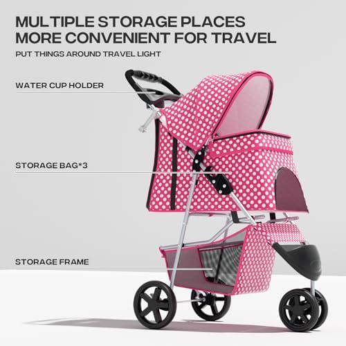 Foldable 3-Wheel Pet Stroller for Dogs & Cats, Pink Polka Dots | Storage Basket & Cup Holder, Breathable Mesh Cover, Lightweight and Durable, for Small to Medium Pets, up to 33 lbs