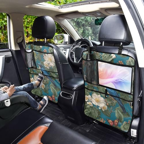2 Pack Back Seat Car Organizer with Storage Pockets Kick Mats Back Seat Protector Hanging Car Organizer Automotive Seat Back Cover Organizers Vintage Blue Bird Flowers Butterflies