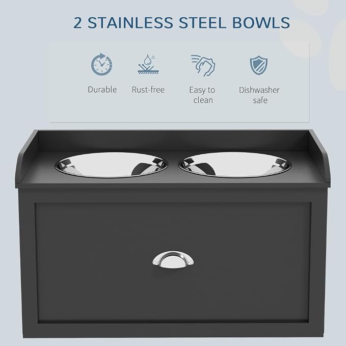 Elevated Dog Feeding Station with Storage Drawer and Stainless Steel Bowls for Large Dogs, Black Pet Food Organizer