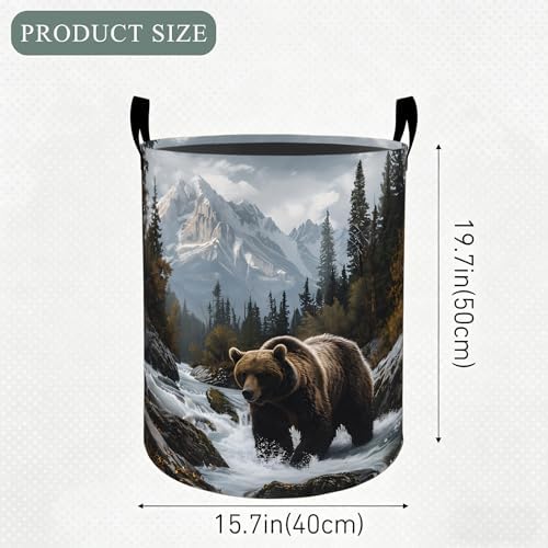 Bear Laundry Basket Hamper, Organizer Bins Gifts for Women Kids, Wilderness Wildlife Foldable Waterproof Clothes Hamper Handles Storage Bucket for Bedroom Bathroom Room Decor 19.7"x15.7"