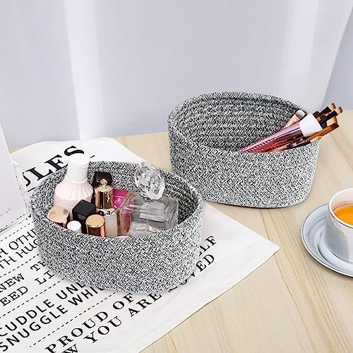 【2 Pack】ABenkle Small Woven Baskets, Tiny Oval Shallow Storage Baskets, Mini Cotton Rope Empty Decorative Basket, Boho Little Organizer Bins for Bathroom, Cat Dog Toy Gifts Baskets