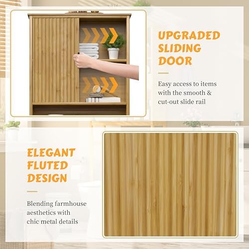 Yardenaler Over The Toilet Storage Cabinet with Fluted Doors, Bathroom Over Toilet Rack with Adjustable Shelf Bamboo FreeStanding Space-Saving Storage Organizer, Natural