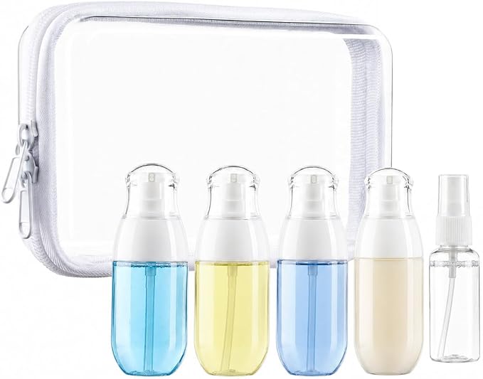 5 PCS Clear Refillable Travel Bottles, Travel Toiletry Bag | TSA Accepted Travel Size Containers, 1.0mm PET Pump Bottles for Toiletries, Organizer Bag, Toiletry Pouch (4x1.7oz+1x1oz)
