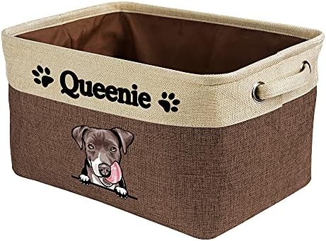 Custom Fabric Dog Toy Storage Basket with Cute Dog Pit Bull Collapsible Sturdy Fabric Pet Toys Storage Bin Cube with Handles for Organizing, Brown and White