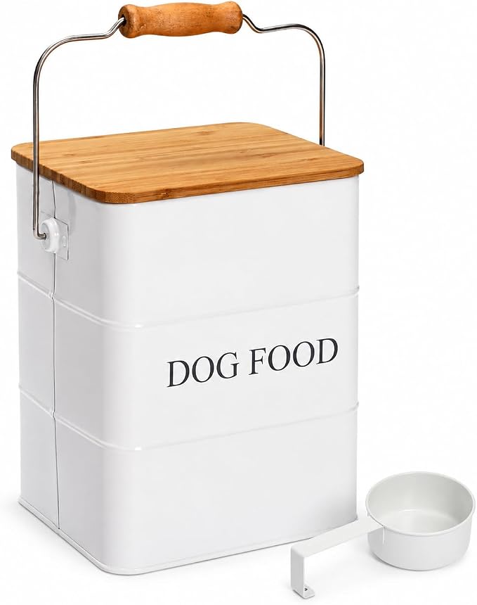 Morezi Metal Dog Food Storage Container 5~6 lbs, Pet Food Treat Canister | Airtight Dog Treat Food Storage Tin with Wooden Lid and Scoop- Powder Coated Carbon Steel- for Dry Dog Cat Food Kibble-White