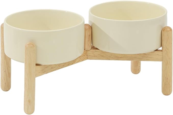 Havniva Ceramic Dog Bowls Elevated, Raised Dog Food Bowl for Small Dogs | 6.1” Elevated Dog Bowls, Non-Slip Wood Stand, Dog Food and Water Bowl Set, Dog Feeding Dish, Large Capacity Pet Water Bowl