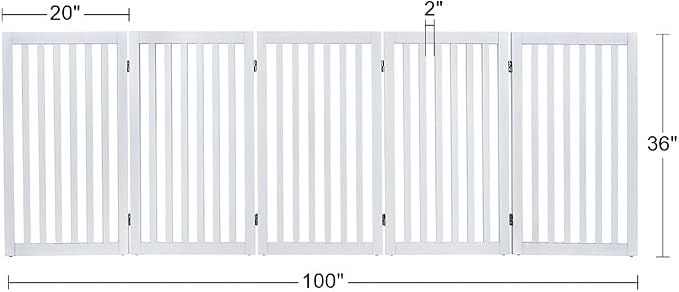 unipaws 36”H Free Standing Pet Gate for Dog Cat, 100”Wide Wooden Dog Gates | Foldable Pet Fence for Doorway, Stairs, Step, Expandable Doggy Barrier, Room Divider, Indoor Use, White