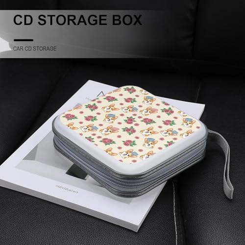Portable 40-Capacity DVD Storage Binder Floral Flowers Cute Corgi, Hard Case CD Holder with Zipper, Organizer for Music Movies Game Discs