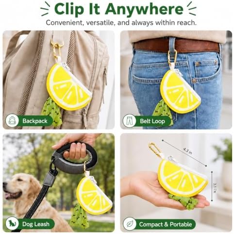 Lemon Dog Poop Bag Holder - Cute Leash Dispenser for Dog Walking | Dog Poop Bag Holder & Trash Carrier, Leash Attachable Dispenser for Poop Bags, Cute Durable Walking Accessory