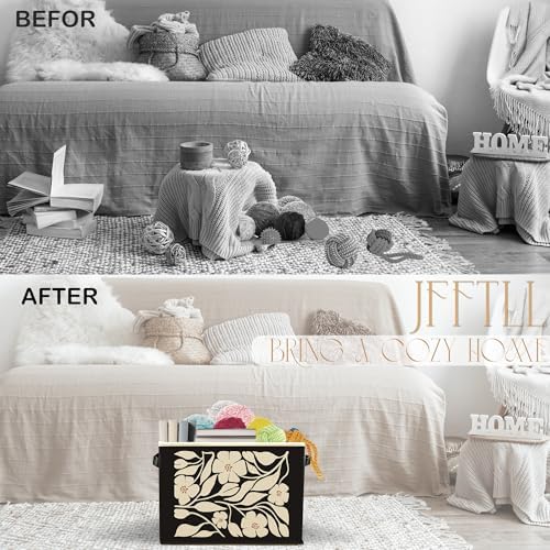 Boho Black and Beige Floral Storage Bins with Handles, Abstract Boho Neutral Flower Botanical Collapsible Laundry Basket Storage Box for Home Bedroom Bathroom Clothes Toys Books