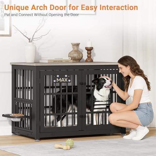 YaFiti 37.8" Dog Crate Furniture, Wooden Dog Kennel with Bowls, Grey | Adjustable Feeder, Name Tag, for Small/Medium Dogs, Chew-Resistant, Heavy Duty, Side End Table, Decorative Pet Cage