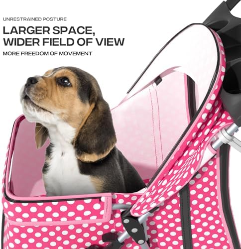 Foldable 3-Wheel Pet Stroller for Dogs & Cats, Pink Polka Dots | Storage Basket & Cup Holder, Breathable Mesh Cover, Lightweight and Durable, for Small to Medium Pets, up to 33 lbs