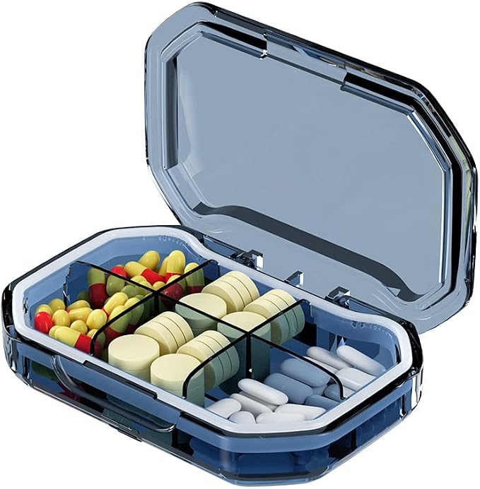 Travel Pill Organizer, 6 Compartments Compact Pill Case Container | Portable Medicine Dispenser Supplement Planner, Perfect for On-The-Go Storage, Vitamin Reminder Box for Purse Pocket, Blue