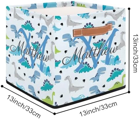 Personalized Storage Baskets for Organizing, Foldable Storage Bins with Handles Custom Cute Basket for Boys, Girls, Pet, Clothes, Blanket, Bedroom Nursery Toy Storage Gift,13 x13 x13 In, Dinosaur