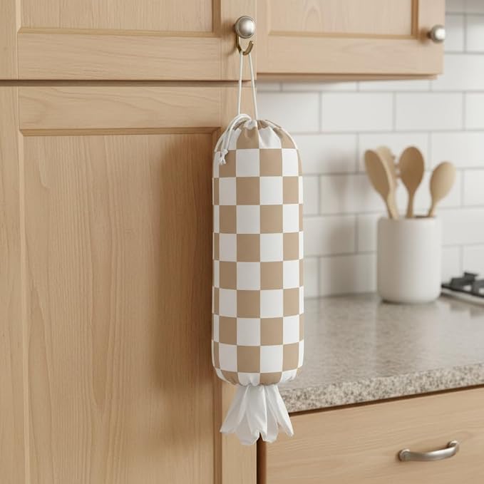 Plastic Bag Holder, Wall Mount Plastic Bag Organizer Dispenser Reusable Grocery Bag Organizer for Home Kitchen(Brown Checkered)