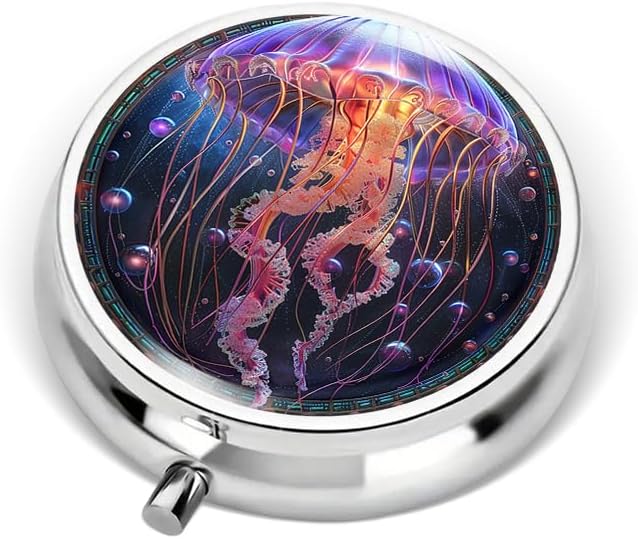 Portable Round 3 Compartment Metal Pill Box Beautiful Fantasy Jellyfish Digital Art High Detail for Organizing Supplements Traveling or Gift Giving