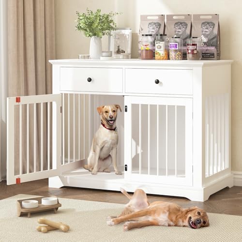 PRETZI Dog Crate Furniture, 44 Inch Wooden Dog Kennel Indoor with 2 Storage Drawers, Heavy Duty Large Crate Furniture, Decorative End Table Cage Furniture for Small/Medium/Large (White)
