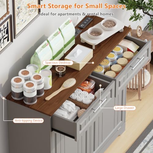 Double 10 Gallon Tilt Out Trash Can Cabinet with Deodorizing Function, Wooden Hidden Garbage Can Holder with Storage Drawers for Kitchen and Dining Room, Laundry Hamper Cabinet for Bathroom, Grey