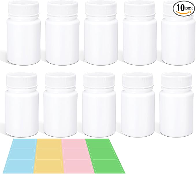 10 Pack Travel Pill Bottles - White Food Grade Plastic with Screw Caps & Labels, Small Pill Organizer for Pills, Vitamins, Capsules