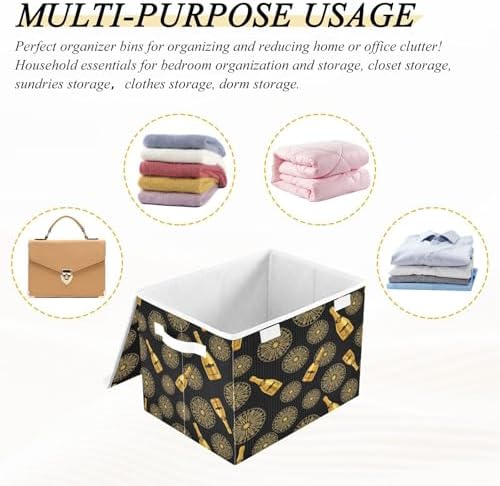 Storage Bins with Lids Gold Champagne Bottles and Foldable Storage Boxes with Handles Large Storage Basket Collapsible Organizer Containers for Closet Home Bedroom Office