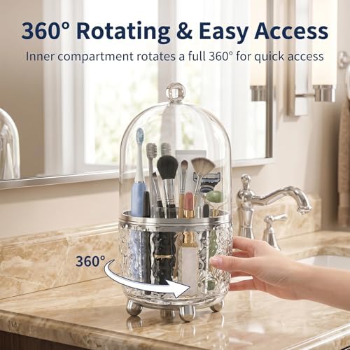 360°Rotating Toothbrush Holder with Cover, Dustproof Electric Toothbrush and Toothpaste Holder for Bathroom Countertop, 3 Slots Makeup Brush Organizer & Bathroom Storage (Transparent Silver)