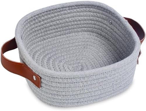 ABenkle Small Storage Basket, Mini Baskets, Cute Rope Woven Baskets for Organizing, Square Shelf Storage with Handle, Boho Decorative Toy Bin for Nursery, Spa, Empty Gift Basket - XS,Grey