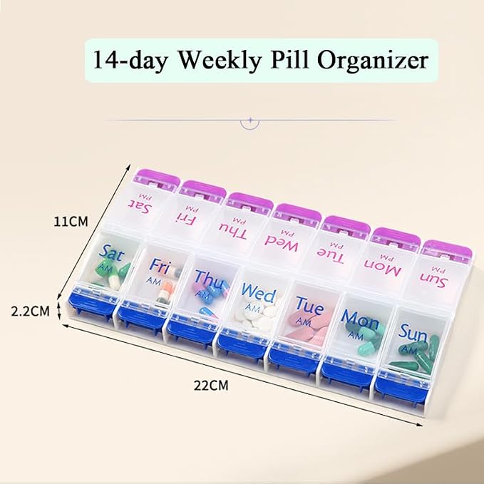 Daily Pill Case Organizer, 7-Day Weekly Medicine Planner Organizer | AM PM, Large Tray 14-Compartment Meds Box Container Pill Holder for Medication, Vitamin, Supplement, Fish Oil, Purple + Blue