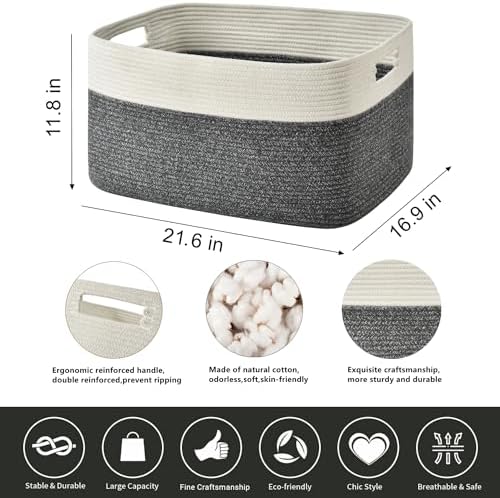 Issudata Large Blanket Basket, Rectangle Woven Baskets for Storage, Blanket Storage for Living Room, Cotton Rope Basket for Toys，Big Storage Basket for Blankets