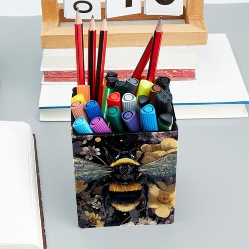 Bee Pen Holder for Desk Decor, Rectangular PVC Leather Pencil Cup for Desk Pen Organizer, Makeup Brush Holder for School, Home, Office