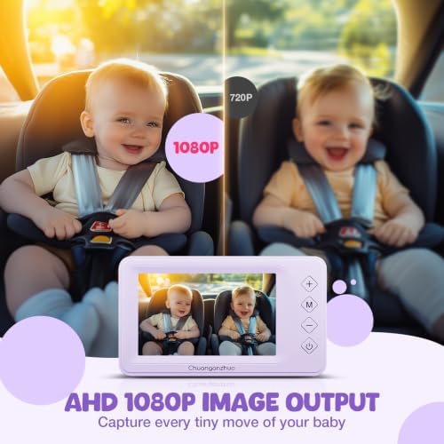 S100U Baby Car Camera with Advanced Night Vision, 5inch AHD 1080P IPS Full View Baby Monitor, Carseat Camera for Kids Infants Rear Facing Mirror, USB Powered, 5inch, Light Purple