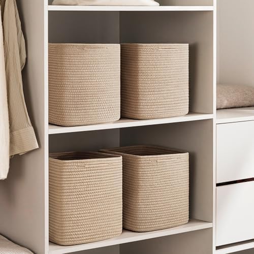 joybest 11inch Cube Storage Bins, Cotton Rope Woven Organizer Basket | Set of 4 Cube Bin Square Shelves Organizer Closet Storage, Nursery, Toy Organization, Brown