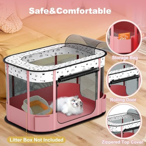 Portable Cat Playpen, 8-Rod Reinforced Kitten Dog Playpens, Foldable Play Pen for Indoor Cats Enclosed Pet Puppy Doggy Outdoor, Collapsible Tent Kennel Cage, Pink