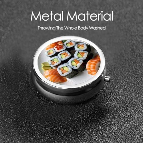 ZhongGuo Delicious Sushi Printed Pill Organizer,Round Travel Pill Organizer Mini Medicine Pill Box for Purse Iron Plating