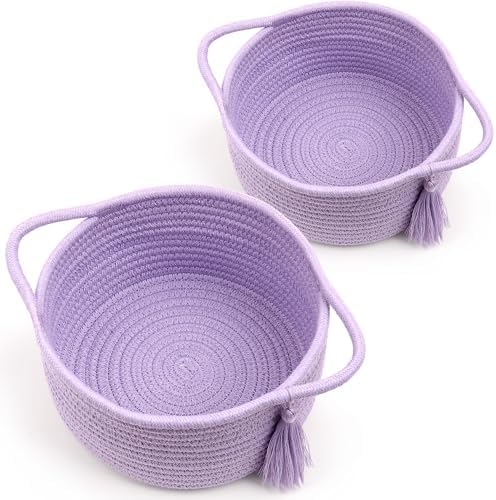 Small Gift Basket Empty to Fill, 2 Pack, Mini Woven Basket Purple | Cute Decorative Mini Rope Storage Baskets with Cellophane Bags & Ribbons; Two Sizes for Gifting, Bathroom Counter or Desk