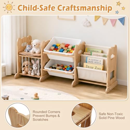 Toy Storage Organizer with 2 Shelves, 2 Bins and Stuffed Animal Storage, Playroom Toy Organizer Cabinet for Bedroom Decor, 46.3'' L