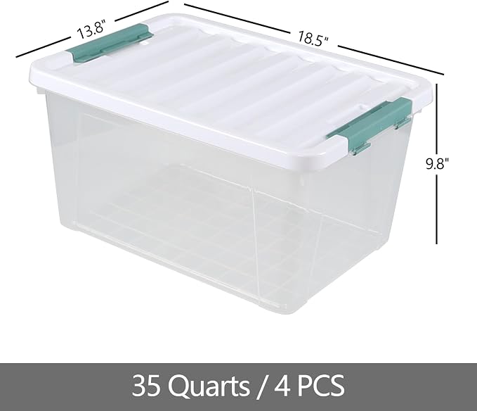 35 Qt Clear Plastic Storage Bins with Lids, 4-Pack Organizing Totes | Stackable Storage Boxes Organization for Garage, Closet, Kitchen, Durable Clear Containers for Organizing and Easy Viewing
