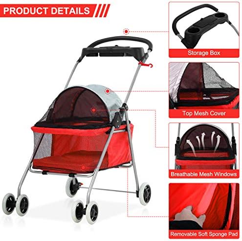 Meet Perfect Pet Stroller for Small/Medium Dogs & Cats, Red, Foldable | Waterproof fabric helps protect pets during outdoor travel; Mesh panels provide ventilation and visibility.
