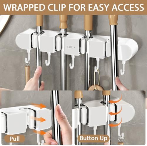 2Pcs Broom Holder Wall Mount, No-Drilling Self-Adhesive Mop and Broom Storage Rack with Hooks (4 Racks with 5 Hooks), Wall-Mounted Broom Hanger for Bathroom, Kitchen, Closet, Garage (White ﻿)