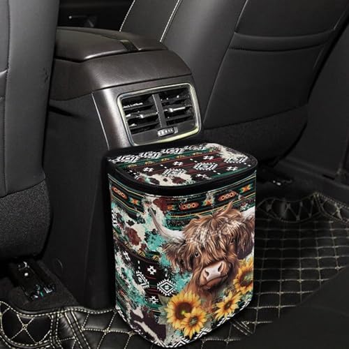 DISNIMO Aztec Sunflower Cow Car Trash Can with Lid Portable Garbage Bag Leak-Proof Car Storage Bag Car Garbage Can Car Accessories Interior Organizer Storage Bin