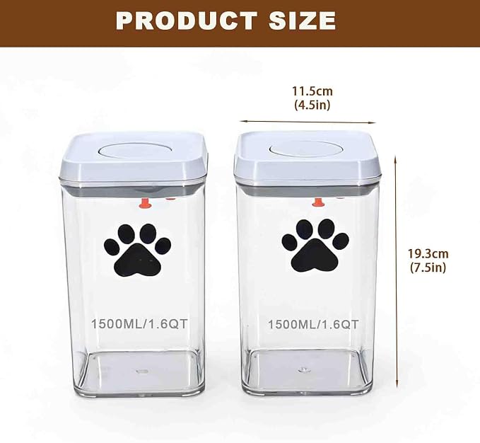 2pack Airtight Dog Treat Jars |1.5L/1.6QT POP Dog Cat Food Container with Lids, Clear Dog Cat Treat Canister, Pet Kibble Dog Cookie Jar-Keep Food Fresh Crispy-BPA free