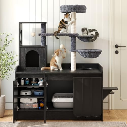 50.6 Inch Cat Tree with Litter Box Enclosure and Storage, Black | Hidden Litter Box Cabinet with Multi-Level Platforms, Dual Hammocks, Sisal Scratching Posts, Condo and Top Perch for Play